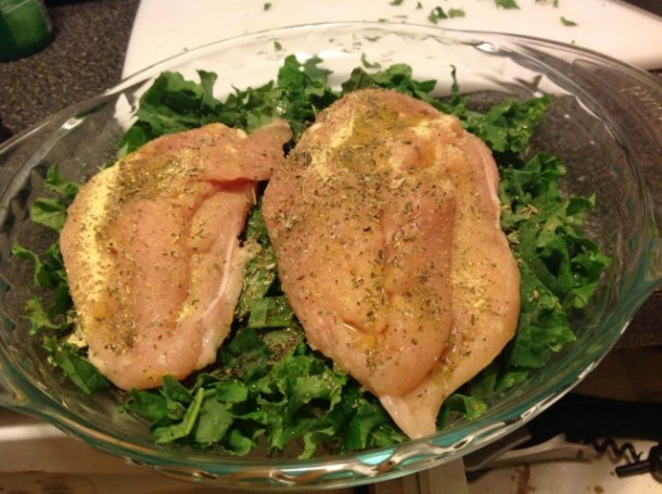 Raw chicken and kale